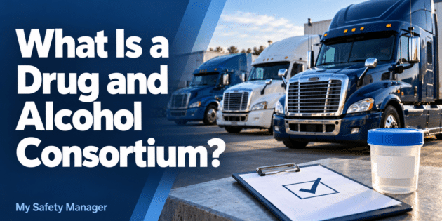What Is a Drug and Alcohol Consortium?” with commercial trucks and drug testing materials.